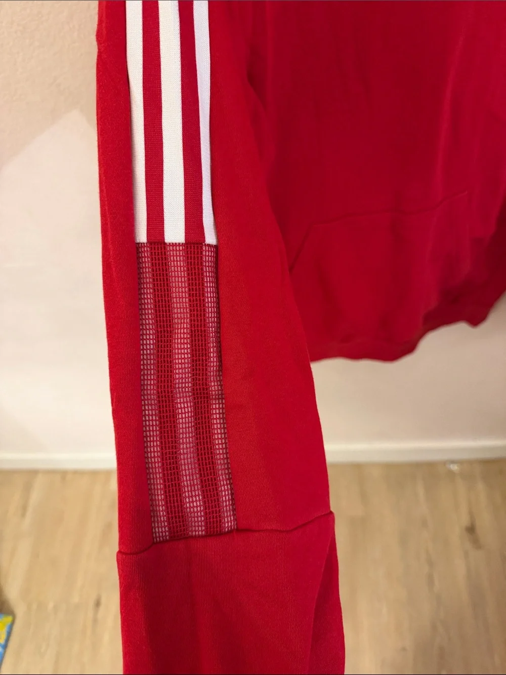 adidas Men’s Red Crewneck Hoodie with White Stripes